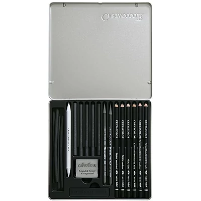 Set desen cărbune Cretacolor Black Box - 20 buc, cutie metalică
