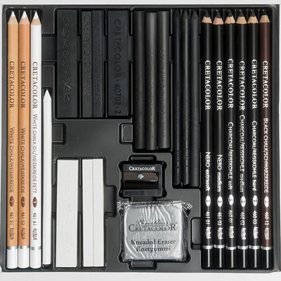 Set de desen Cretacolor Black &amp; White, 25 buc, cutie din lemn