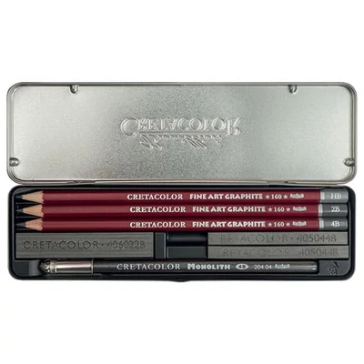 Set de buzunar Cretacolor Graphite Set de desen din grafit, 9 piese, cutie metalica