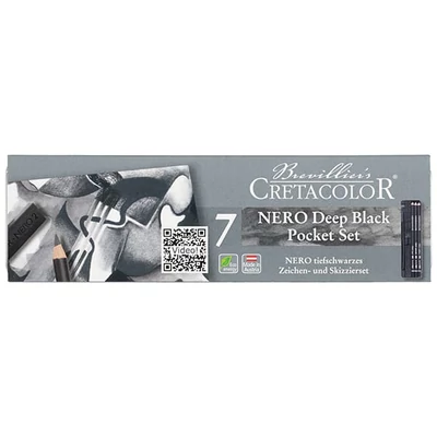 Set de desen Cretacolor Nero Deep Black Pocket Set, 7 piese, cutie metalica
