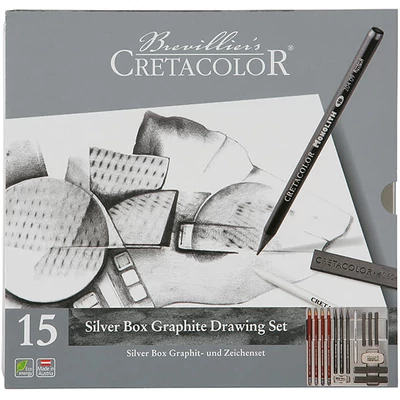 Set de desen din grafit Cretacolor Silver Box, 15 piese, cutie metalica