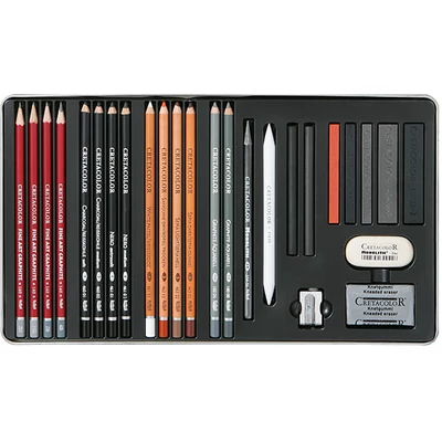 Set avansat de desen și schițe Cretacolor Teachers' Choice, 26 buc., cutie metalică