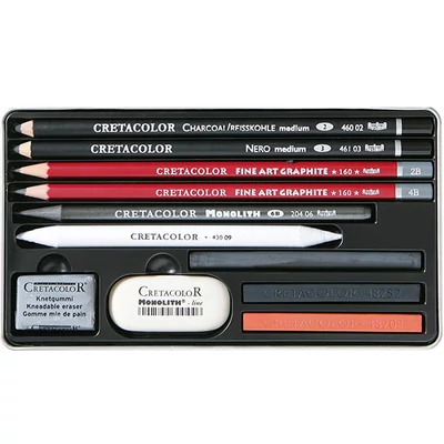 Set de desen și schițe pentru începători Cretacolor Teachers' Choice, 11 piese, cutie metalică