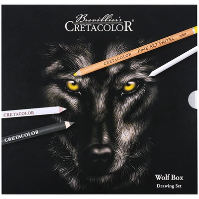 Set de desen alb-negru Cretacolor Wolf Box, 25 piese, cutie metalica