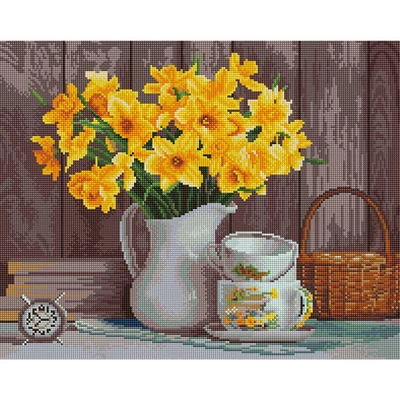 Pictură cu diamante , pe pânză întinsă , 40x50 cm - Natura statica narcisa