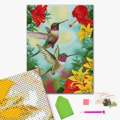 Pictură cu diamante , pe pânză întinsă , 40x50 cm - O pereche de pasari colibri