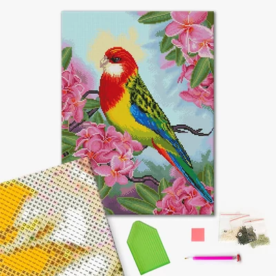 Pictură cu diamante , pe pânză întinsă , 40x50 cm - Papagal printre flori