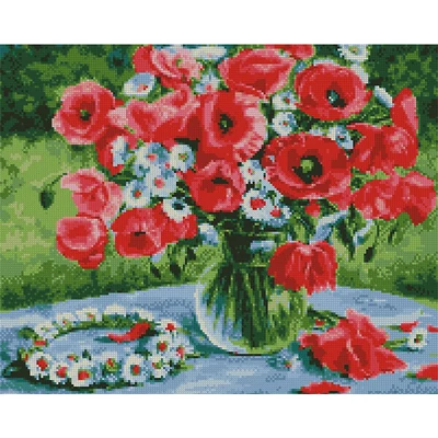 Pictură cu diamante , pe pânză întinsă , 40x50 cm - Maci cu coroana de margarete