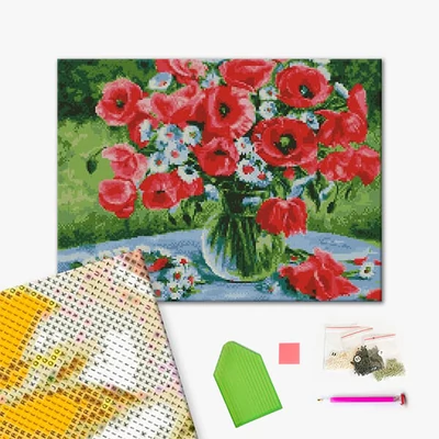 Pictură cu diamante , pe pânză întinsă , 40x50 cm - Maci cu coroana de margarete