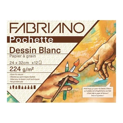 Pachet hârtie de desen Fabriano Pochette Dessin Blanc, 224 g - 24x32 cm, 12 coli