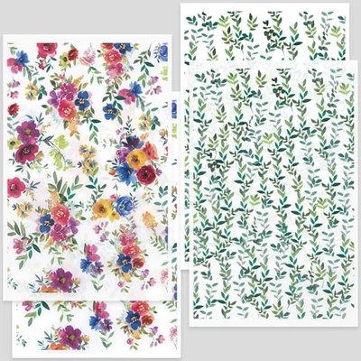 Hârtie de transfer pentru plastilina care se poate coace , 9x14 cm, 2x2 buc - buchete de flori, frunze - multicolor, verde