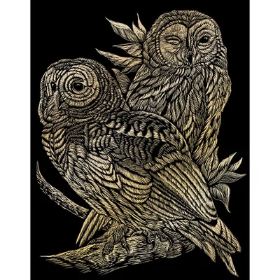 Set tablou gravură cu stilou gravură, 20x25 cm - Bufnițe, auriu