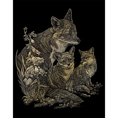 Set tablou gravură cu stilou gravură, 20x25 cm - Vulpi, auriu