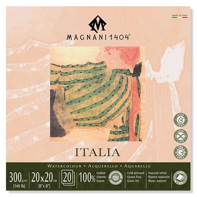 Bloc de acuarelă Magnani Italia, 100% bumbac, 300 g, 20x20 cm, 20 coli, semi-rugoasă