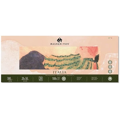 Bloc de acuarelă Magnani Italia, 100% bumbac, 300 g, 20x50 cm, 20 coli, semi-rugoasă
