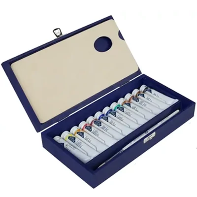 Set de pictură în ulei Saint-Petersburg Master Class – 12 x 18 ml + accesorii, în cutie de lemn albastră