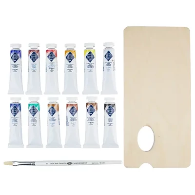 Set de pictură în ulei Saint-Petersburg Master Class – 12 x 18 ml + accesorii, în cutie de lemn albastră