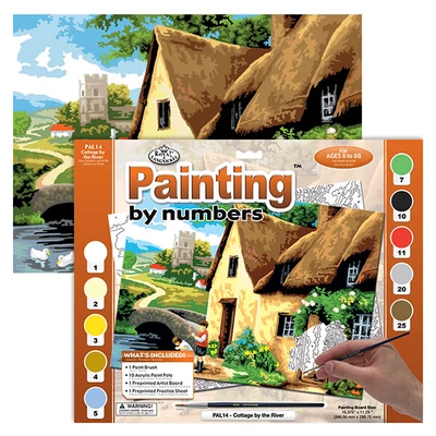 Set de colorat după numere, culori acrilice+pensulă, 29x39 cm - Cabana langa rau