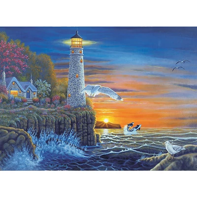 Set de colorat după numere, culori acrilice+pensulă, 29x39 cm - Far de la malul apei