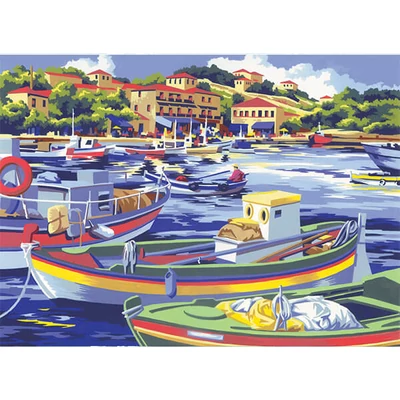Set de colorat după numere, culori acrilice+pensulă, 29x39 cm - barci de pescuit mediteraneene