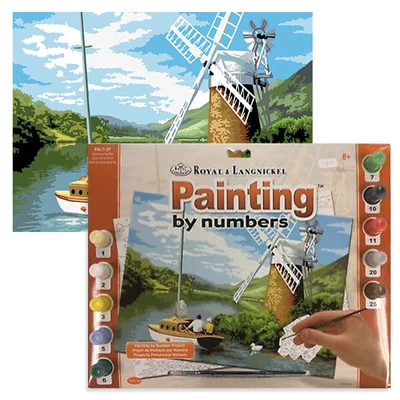 Set de colorat după numere, culori acrilice+pensulă, 29x39 cm - Moara de vant pe rau