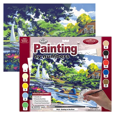 Set de colorat după numere, culori acrilice+pensulă, 29x39 cm - Barca pe rau
