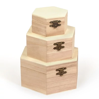 Set de cutii de lemn - 3 bucăți, hexagonale, 16x16x8/13x13x6/9x9x5 cm