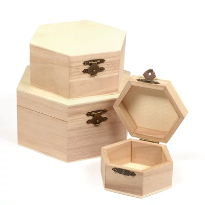 Set de cutii de lemn - 3 bucăți, hexagonale, 16x16x8/13x13x6/9x9x5 cm