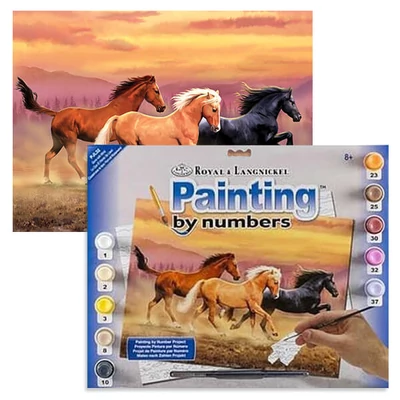 Set de colorat după numere, culori acrilice+pensulă, 29x39 cm - Cai salbatici