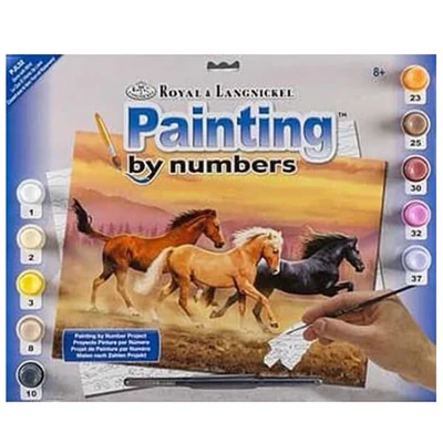 Set de colorat după numere, culori acrilice+pensulă, 29x39 cm - Cai salbatici