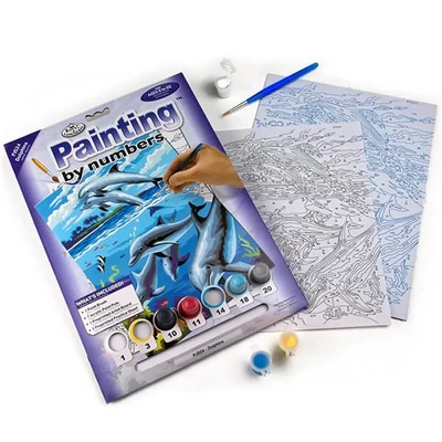 Set de colorat după numere, culori acrilice+pensulă, 22x30 cm - Delfini