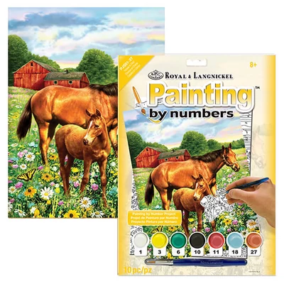 Set de colorat după numere, culori acrilice+pensulă, 22x30 cm - Cai pe pajiște