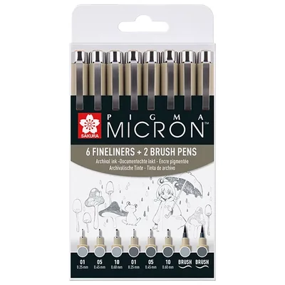 Sakura Pigma Micron Set stilou pentru desen tehnic és markere tip pensulă  - 6+2 piese, nuanțe de gri