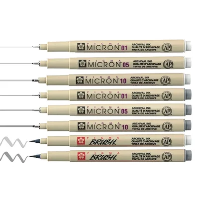 Sakura Pigma Micron Set stilou pentru desen tehnic és markere tip pensulă  - 6+2 piese, nuanțe de gri