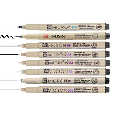 Set de creioane tehnice Sakura Pigma Micron, creion pensulă și creion ac - 6+1+1 buc