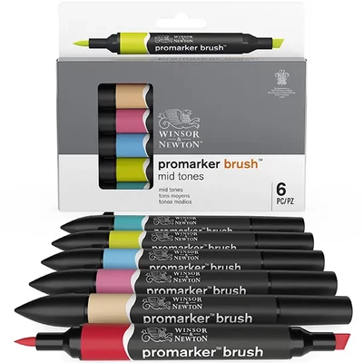 Set markere tip pensulă cu alcool cu două vârfuri Promarker Brush - 6 buc, mid tones