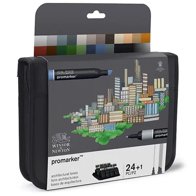 Set de markere cu alcool ProMarker cu două capet - 24+1 db, architectural tones, într-o pungă cu închidere zip