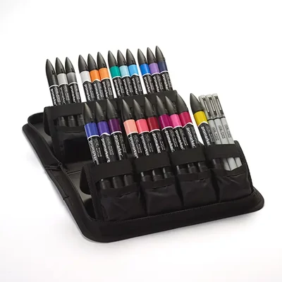 Set de markere cu alcool cu două capete ProMarker - 25+1 buc, modern lettering, într-o husă cu fermoar