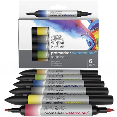 Promarker Watercolour marker tip pensulă acuarelă cu două vârfuri   set  - 6 buc, basic tones