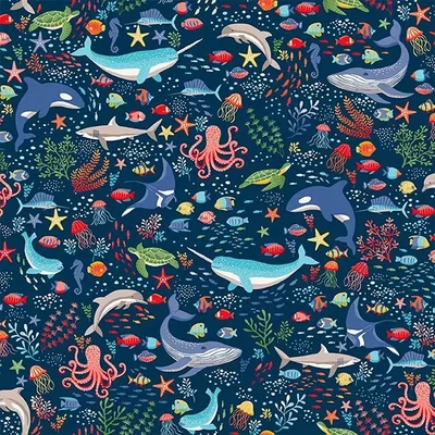 Tesatura patchwork - Makower - Deep Blue Sea 137/B8 Creatures dark blue
