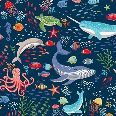 Tesatura patchwork - Makower - Deep Blue Sea 137/B8 Creatures dark blue
