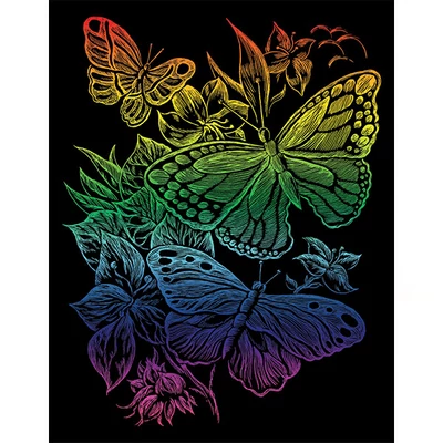 Set gravura pictura manuala cu pix, 20x25 cm - Fluturi, curcubeu