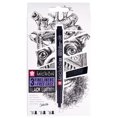 Set stilou de desen tehnic Sakura Pigma Micron - set de 3 + suport stilou, Black Edition