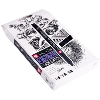 Set stilou de desen tehnic Sakura Pigma Micron - set de 3 + suport stilou, Black Edition