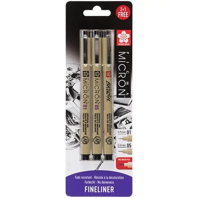 Sakura Pigma Micron Set stilou pentru desen tehnic és markere tip pensulă  - 3 buc