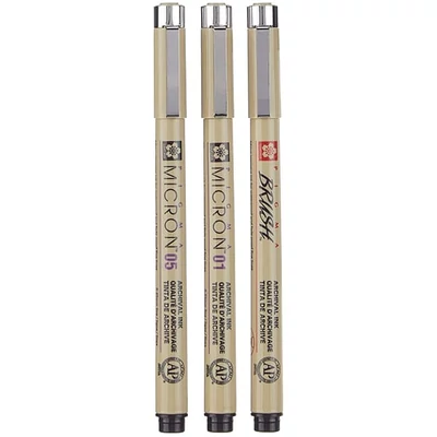 Sakura Pigma Micron Set stilou pentru desen tehnic és markere tip pensulă  - 3 buc