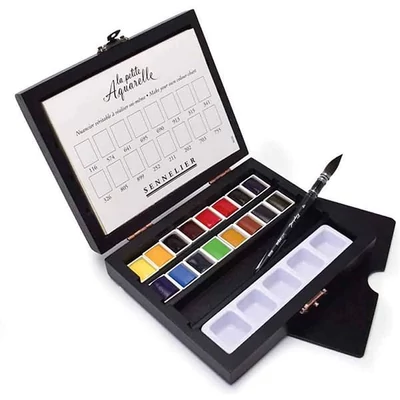 Set de Culori acuarelă  Sennelier la petite Aquarelle, tulpina 16x1/2 + pensula, cutie de lemn