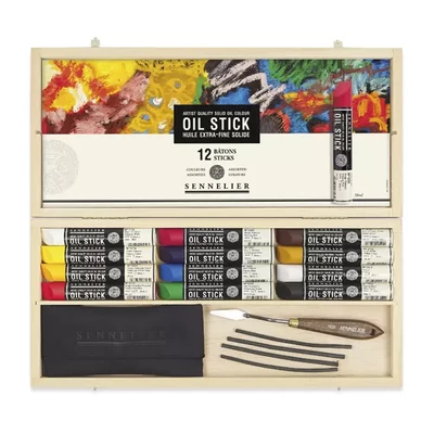Sennelier Oil Stick set de creioane cu vopsea uleioasă și accesorii - 12x38 ml, cutie din lemn