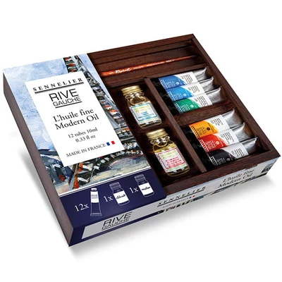 Sennelier Rive Gauche Set pictură în ulei, 12x10 ml + accesorii, în cutie de lemn