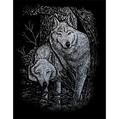 Set tablou gravură cu stilou gravură , 20x25 cm - Lupi, argintiu
